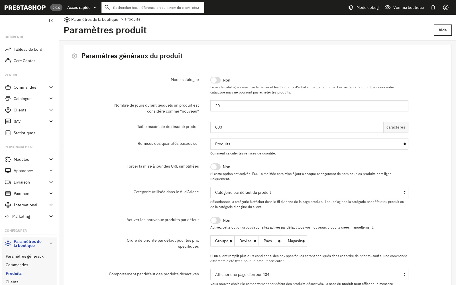 Capture PrestaShop : Catalogue &rarr; Produits : liste, prix, stock, statut